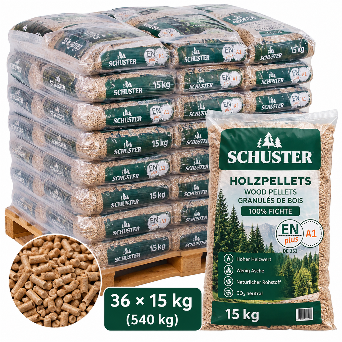 Drevené pelety Schuster ENplus A1 – (36 sacs × 15 kg )= 540 kg
