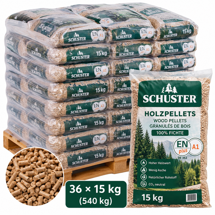 Drevené pelety Schuster ENplus A1 – (36 sacs × 15 kg )= 540 kg