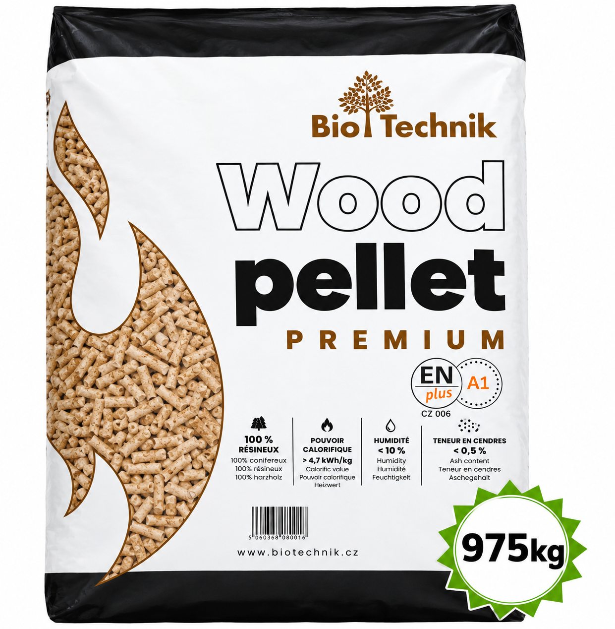 BIO-TECHNIK Pelety Drevené pelety 6mm 65x15kg ENplus A1-- 975kg PREMIUM KVALITA