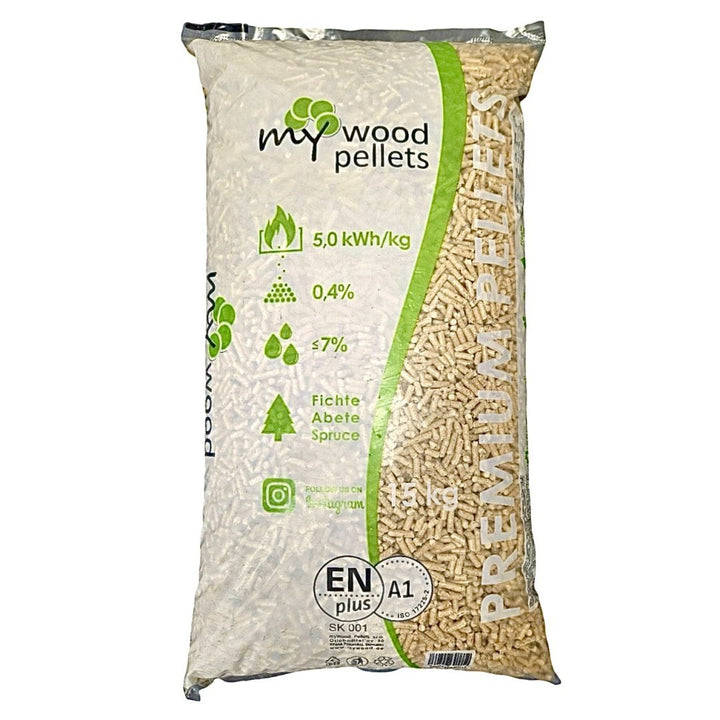 myWood Pelety – Drevené pelety ENplus A1  (70 vriec × 15 kg)– 1 050 kg/paleta